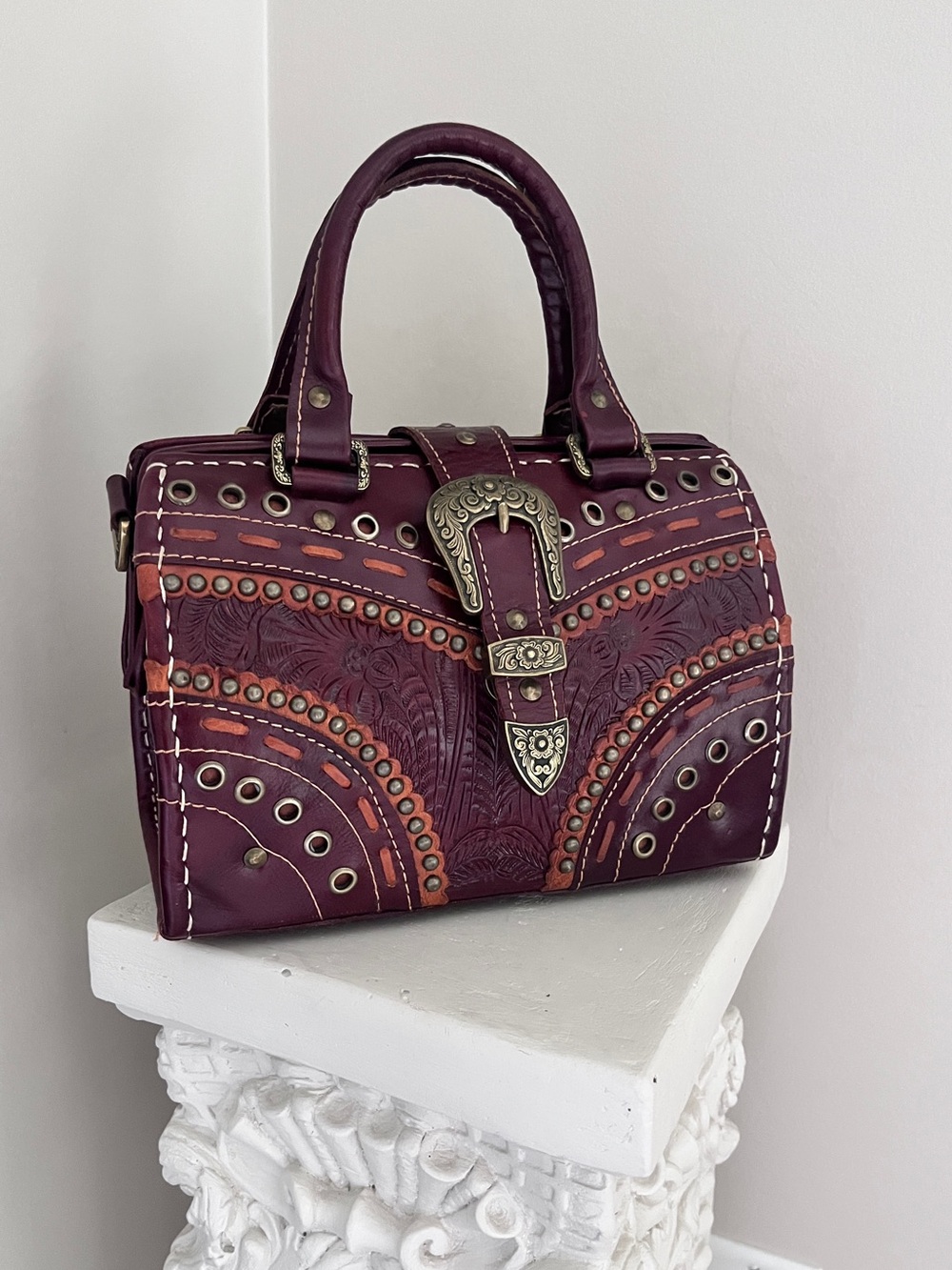 Vintage Western Tooled Leather Satchel Purse – Boho Y2K Style
